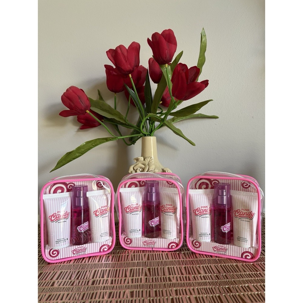 (Lot 3) Pink Candy 3 Pc Gift Set Shower Gel Body Lotion Body Mist Pink Zip Pouch